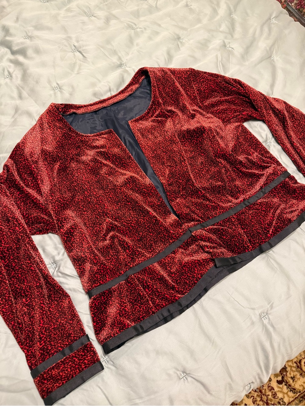 Vintage Red Velvet Blazer with Black Trim